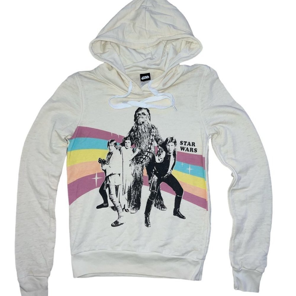 Star Wars Hoodie Rainbow Graphic Pullover Ivory Long Sleeve Drawstring Youth M
